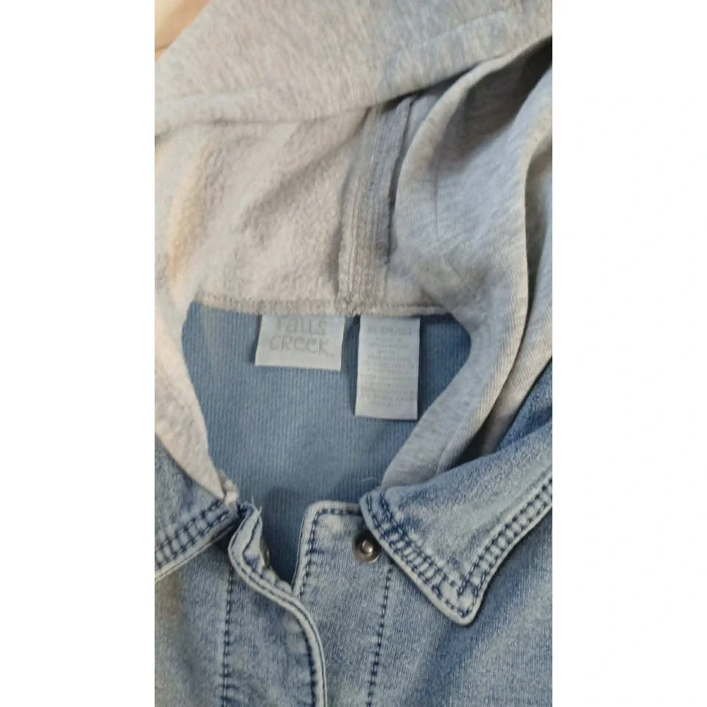 Falls Creek Girls Denim Jean Jacket Grey Jersey Hooded Light Wash XL 14/16